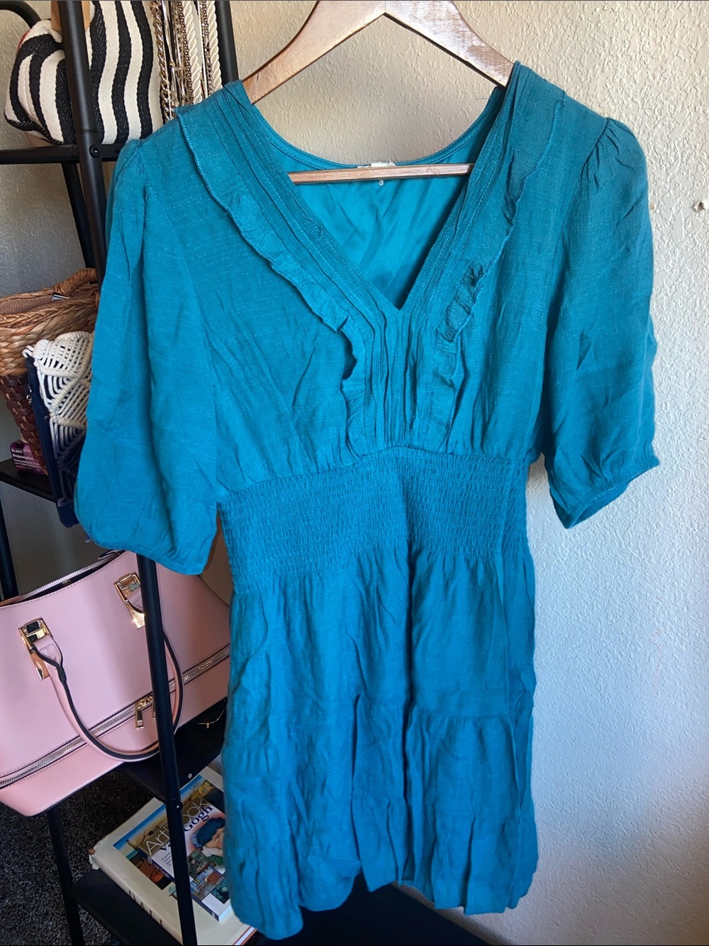 Teal V‑Neck Smocked Waist Dress - Women's